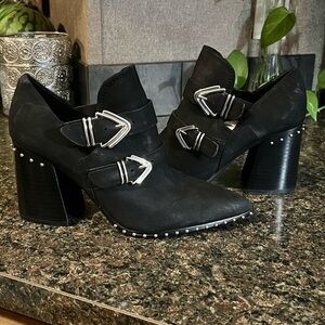 Gianni Bini Black Suede Studded Heeled Boots with Silver Buckles